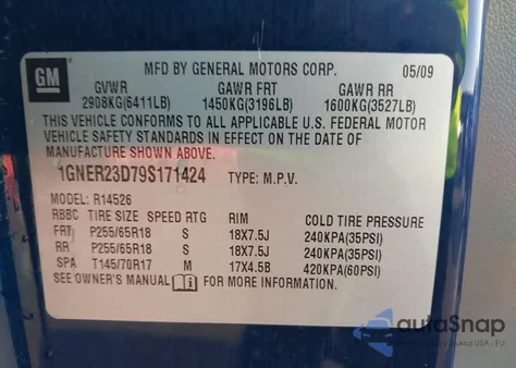 2009 Chevrolet Traverse Lt from USA, damaged, VIN 1GNER23D79S171424